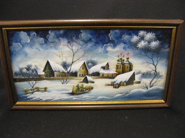 Russian Lacquerware Plaque, winter landscape with: winter landscape with village, abalone reflective highlights, 5" x 9", artist signed, excellent.