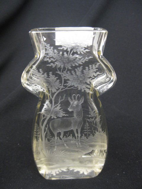 Bohemian Intaglio Cut Glass Vase, stag in forest,: stag in forest, unusual shape, superb workmanship, late 19th century, 6 1/2", excellent.
