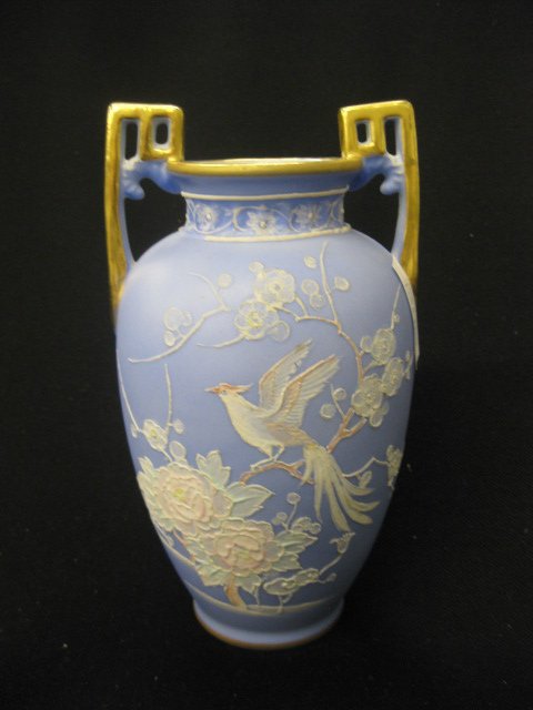 Noritake Japanese Porcelain Vase, "Wedgwood": "Wedgwood" style moriage pheasant & foliage, 7-3/4" tall, gold handles.