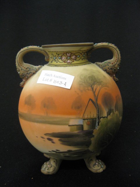 Nippon Handpainted Porcelain Vase, satin sunset: satin sunset farm scene, footed, handled, 6" tall, signed, excellent.