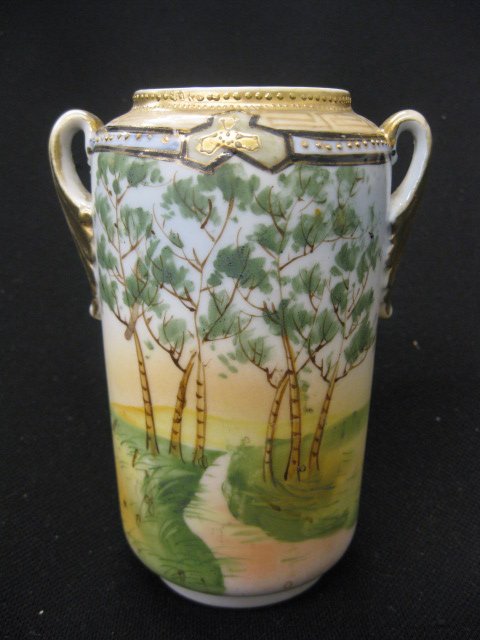 Nippon Handpainted Porcelain Vase, satin finish : satin finish landscape, gold trim, 5 1/2", signed.