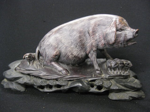 Chinese Carved Soapstone Figurine of a Pig, with : with piglets, 10" long, 5" tall with carved wooden base.