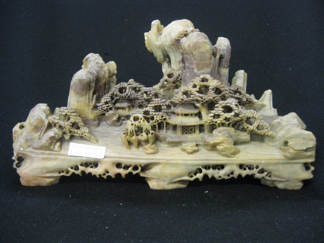 Chinese Carved Soapstone Sculpture of a Village, : 5" tall, 10" wide, fine detail.