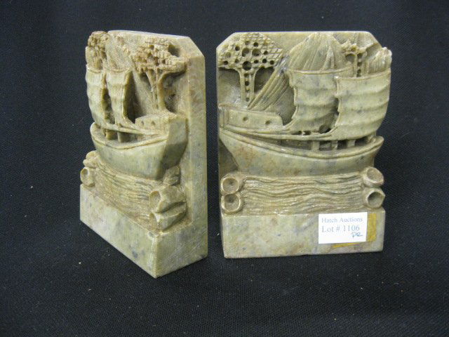Pair of Chinese Carved Soapstone Bookends, sail: sailing ship decor, 5" tall.