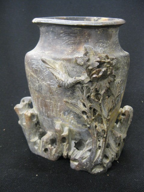 Chinese Carved Soapstone Vase, bird & floral deco: bird & floral decor, 6".