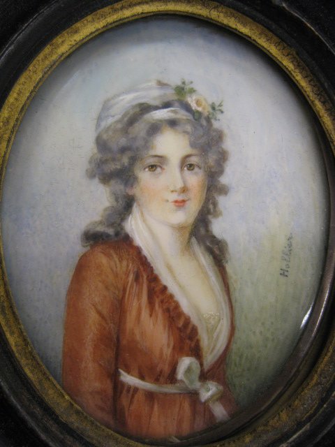 Miniature Painting on Ivory of a Young Lady, arti: artist signed Hollier, oval 2 1/2" x 2", 19th century, wooden frame.
