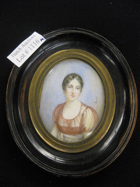 Miniature Painting on Ivory of a Young Lady,: artist signed Gerard, oval 2 1/2" x 2", wood & bronze frame, 19th century.