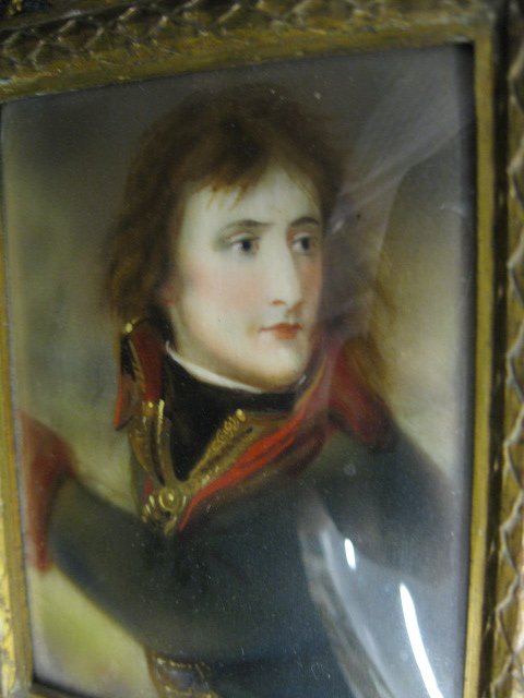 Miniature Painting on Vellum of Napolean, artist: artist signed V. Hall, French bronzed frame, image area 3 1/4" x 2 1/2", 19th century.