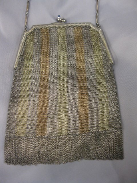 Whiting & Davis Sterling & Gold-Filled Purse, mul: multi-color mesh design, Art Deco era, sapphire clasp, wrist chain, approx. 5 1/2".