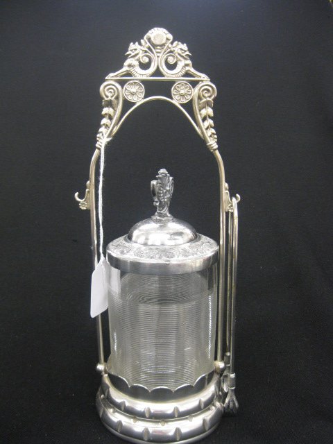 Pairpoint Victorian Silverplate Pickle Castor,: threaded insert, with tongs, 12".