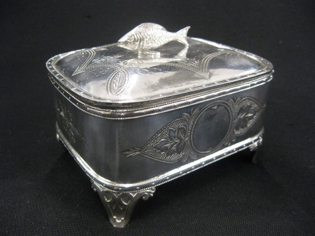 Victorian Silverplate Sardine Box, figural finial: figural finial, footed, by Rogers, Smith & Company, 4" x 5".