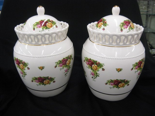 Pair of Royal Albert "Old Country Roses" Biscuit : Biscuit Barrels, signed by Michael Doulton, 10", excellent.