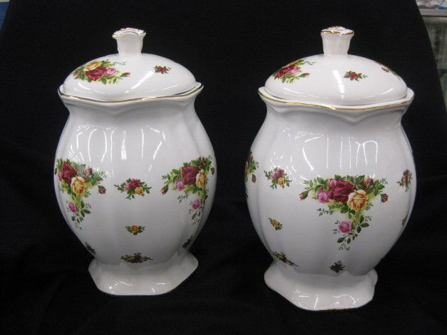 Pair of Royal Albert "Old Country Roses" Cookie J: Jars, 11", excellent.