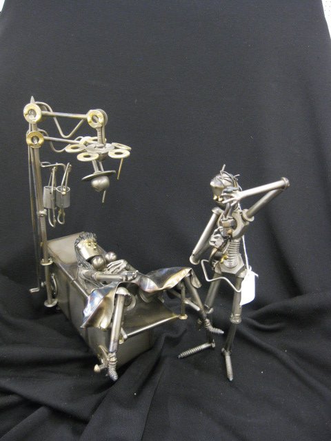 Robert Portus Metal Sculpture "Delivery Time",: robot doctor delivering a robot baby, most interesting and very well done., 2 pcs. signed and dated 1974.