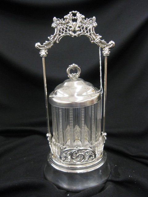 Victorian Silverplate Pickle Castor,: zipper pattern glass insert, 11".