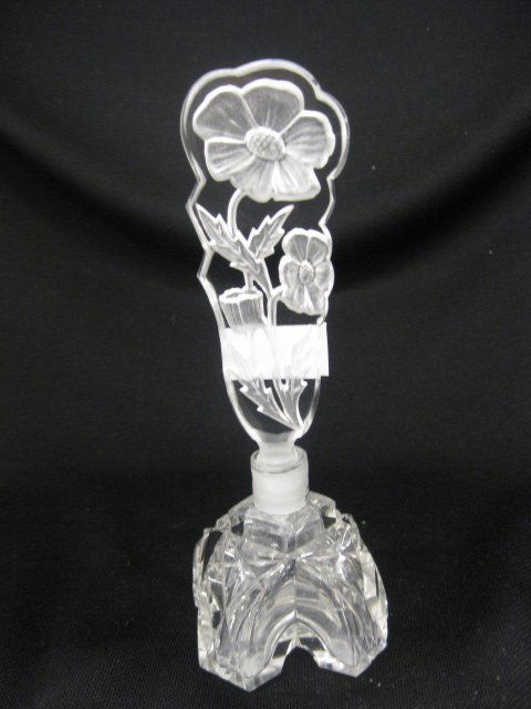 Czechoslovakia Art Glass Perfume Bottle, intaglio: intaglio cut floral stopper, cut base, signed, excellent.