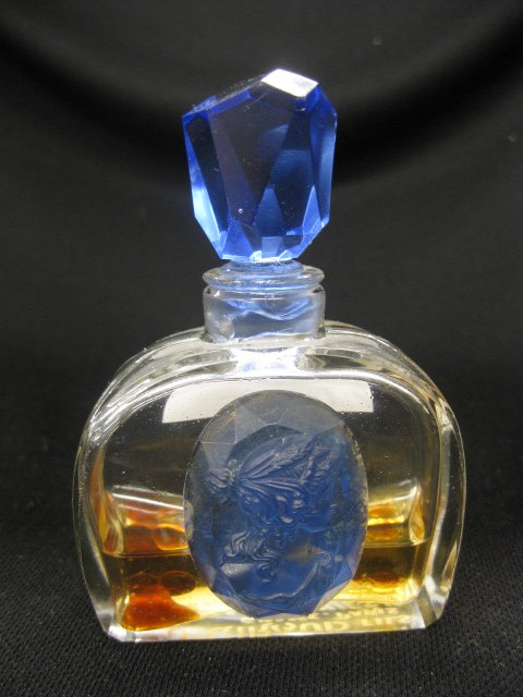 Giraud Dans Fils Les Nues Art Deco Perfume Bottle: cobalt cameo medallion of lady and cobalt stopper, 4" tall, scarce, couple tiny stopper flakes, a scarce Art Deco commerical perfume bottle, circa 1922.