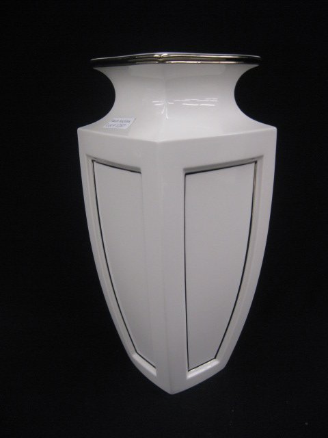 Lenox Porcelain Vase, "Solitaire White", platinum: platinum trim panels, 11", excellent.