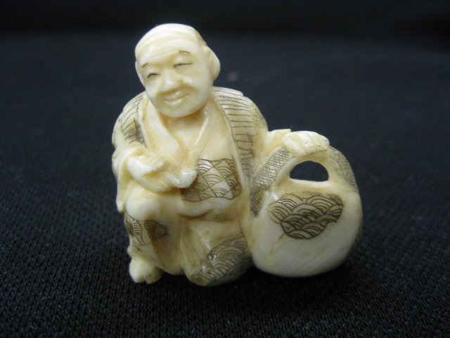 Chinese Carved Ivory Netsuke, man with basket,: man with basket, signed, 1 1/2", excellent.