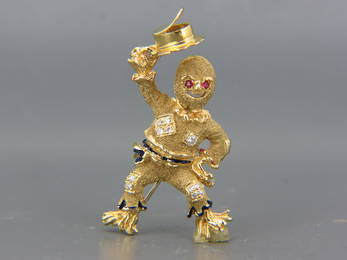 14K Gold, Diamond & Ruby Scarecrow Brooch,