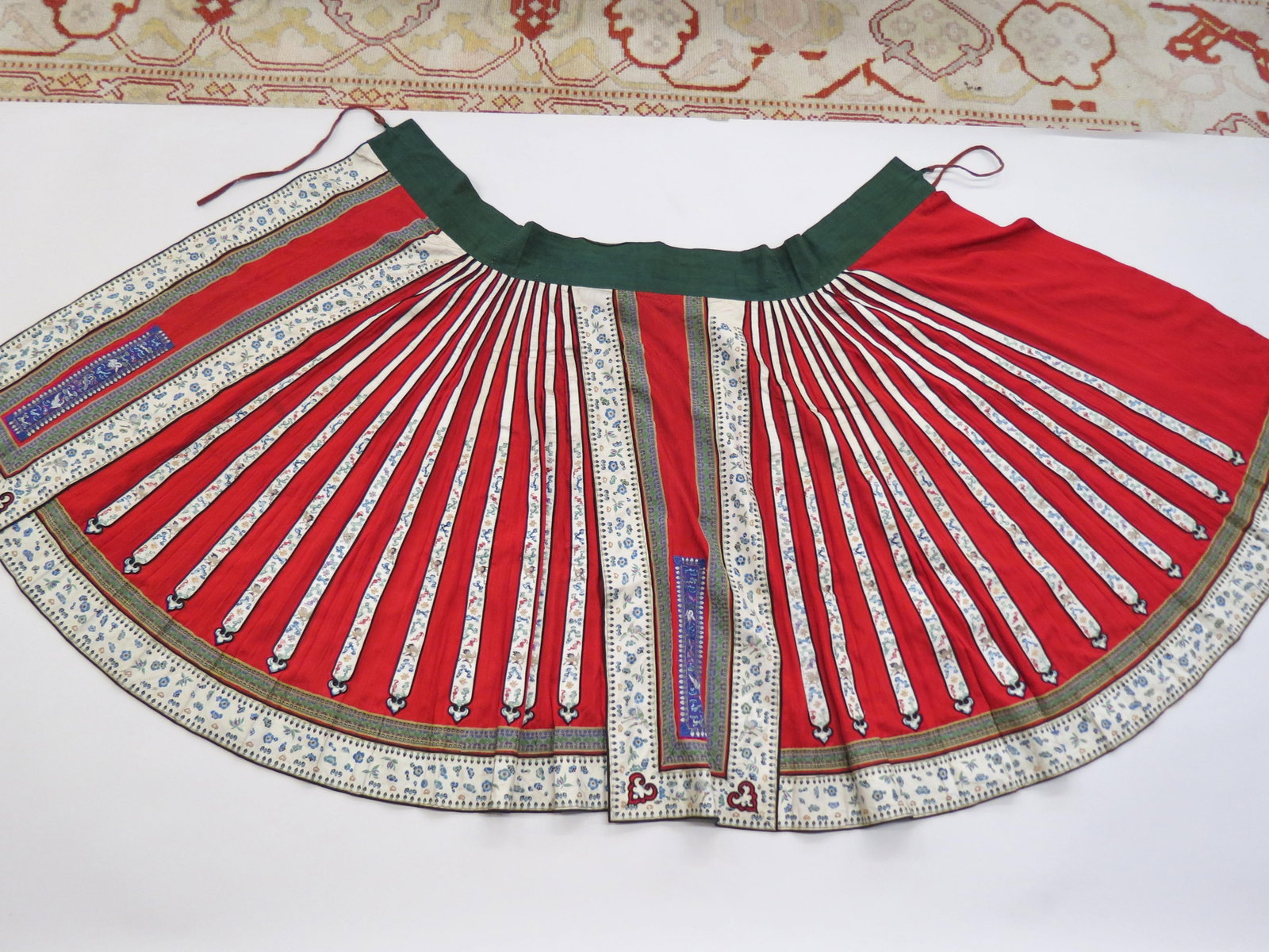 Chinese Embroidered Silk Skirt with Flying Cranes,: butterflies and floral decor, a fine older example with stripe decor, approx. 36" long, 47" wide.