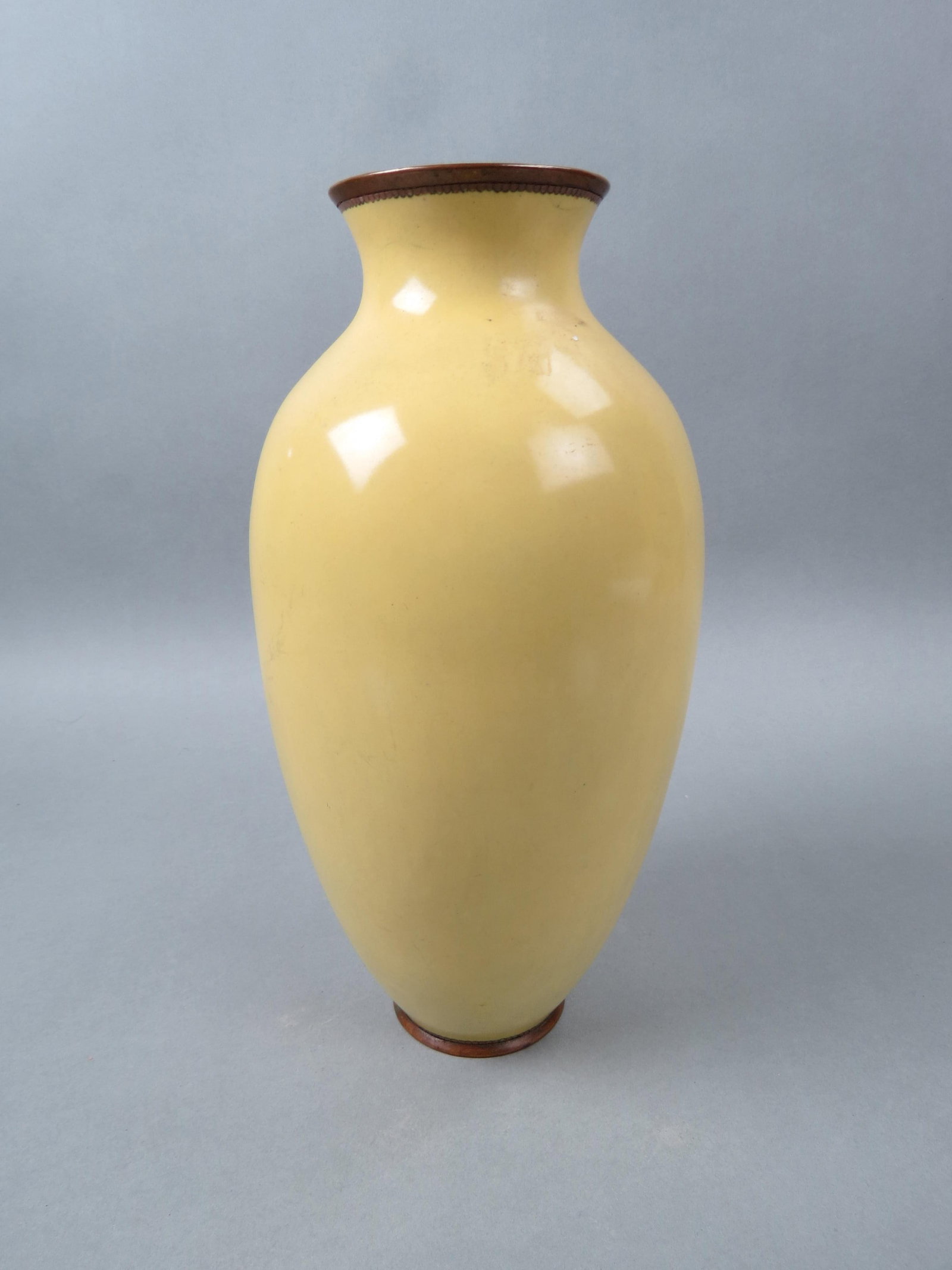 Japanese Cloisonne Monotype Vase, Imperial Yellow,: banded designs at rims, Meiji period, 12".