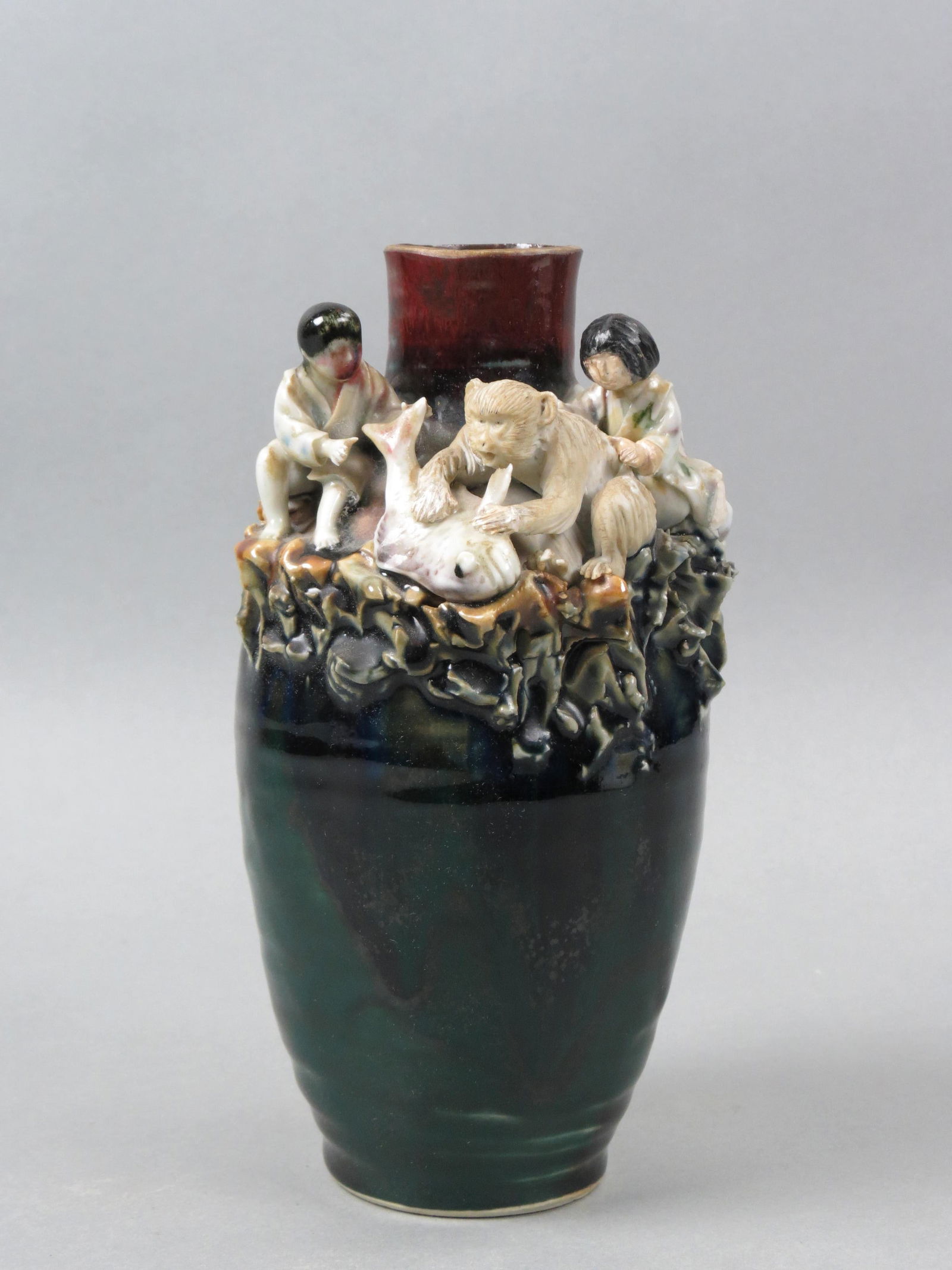 Japanese Sumida Gawa Pottery Vase, Monkey, (1 of 9)