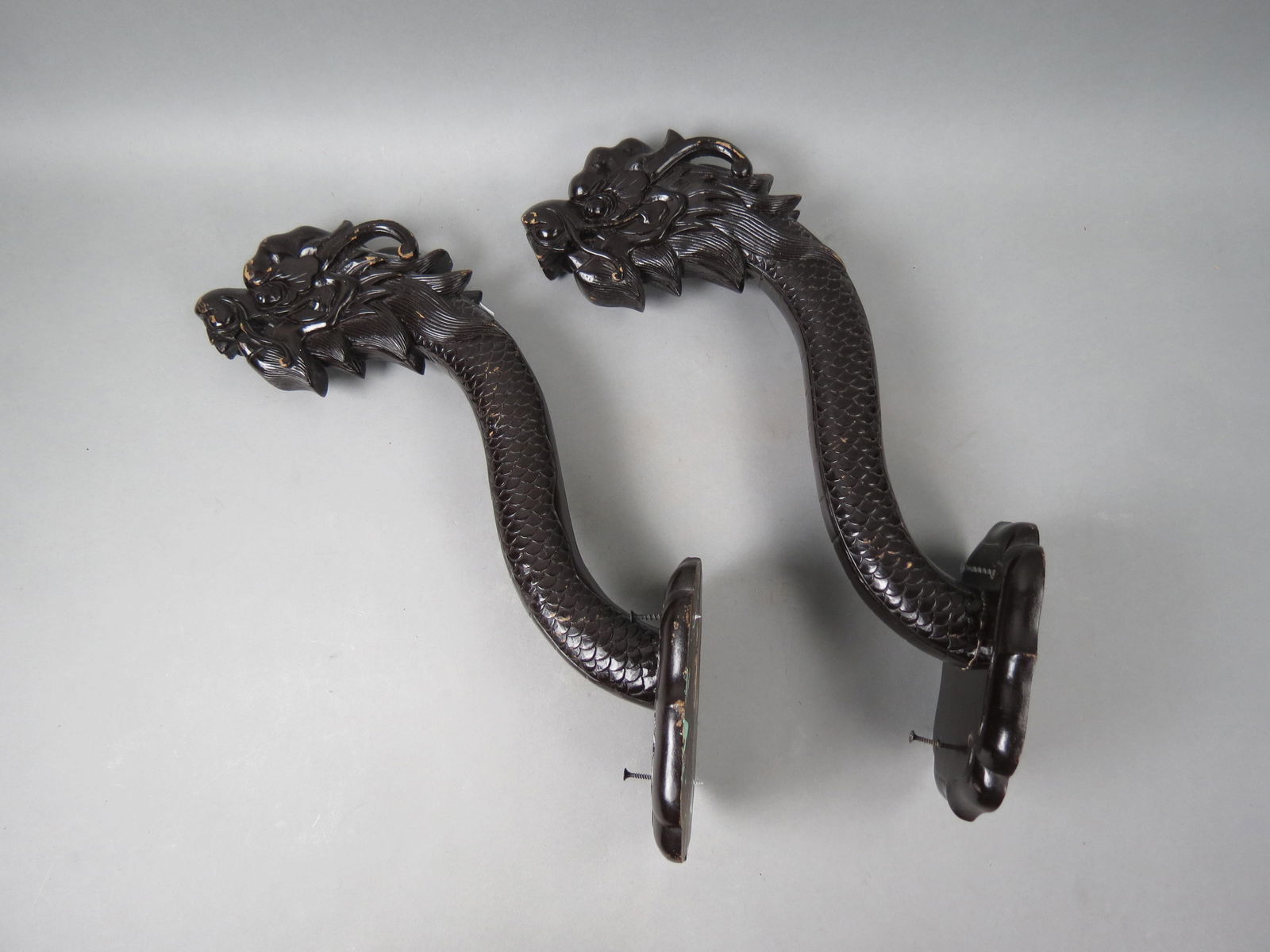 Pair of Japanese Carved Wooden Dragon Lantern Holder Brackets,: for hanging lanterns, 20".