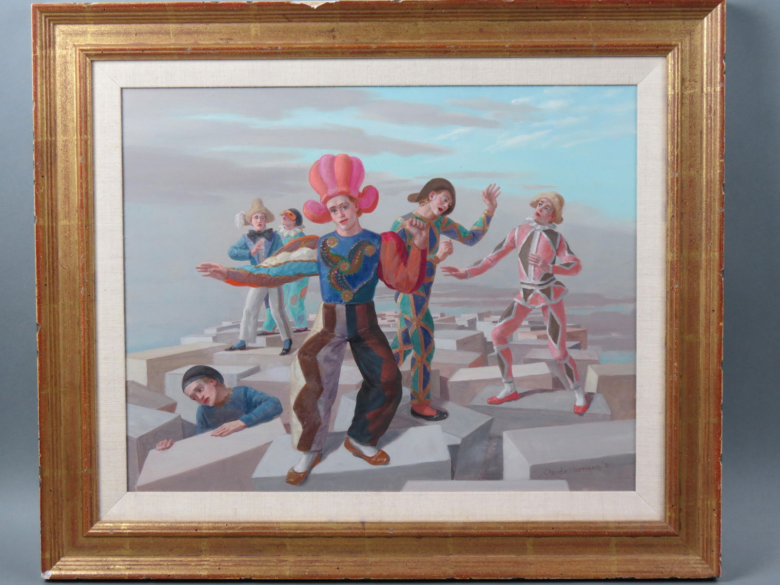 Claude William Harrison, "Crazy Paving",: harlequins at play, signed and dated 1990, label of Ziegenfuss Gallery, Sarasota on reverse, along with original price tag of $5,750.00, image area 16" X 20" plus mat and frame, overall 21 1/2" X 25 1