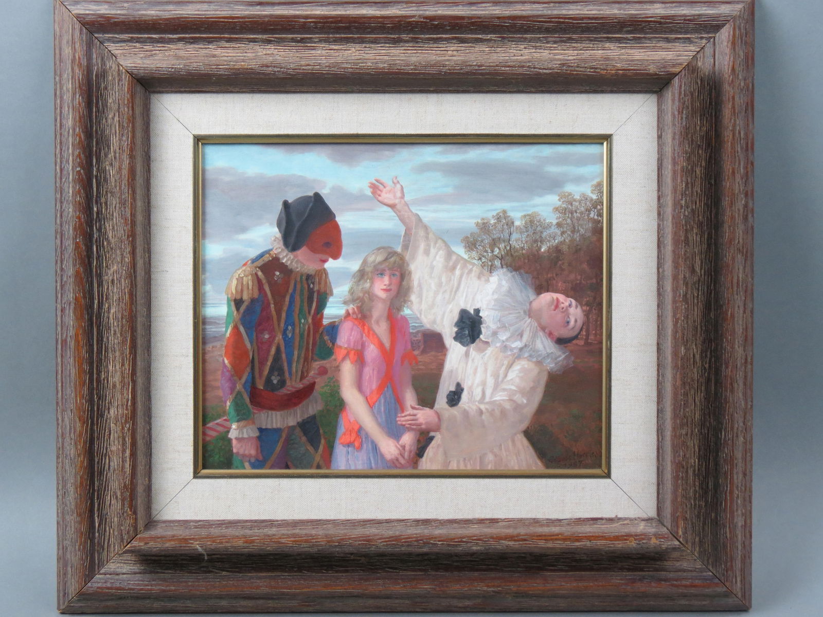 Claude William Harrison, oil, Harlequin,: Clown and Young Female, on board, signed, titled and dated on reverse, image area 9" X 11" plus mat and frame, overall 16" X 18", well listed artist............Biography from Bearnes, Hampton & Little