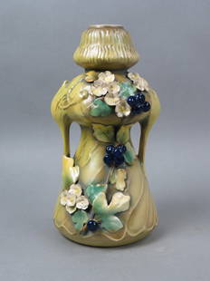 Amphora Austrian Pottery Vase, Art Nouveau style: with dragonflies, applied berries and leaves, handled, 10", little flower petal loss is all.