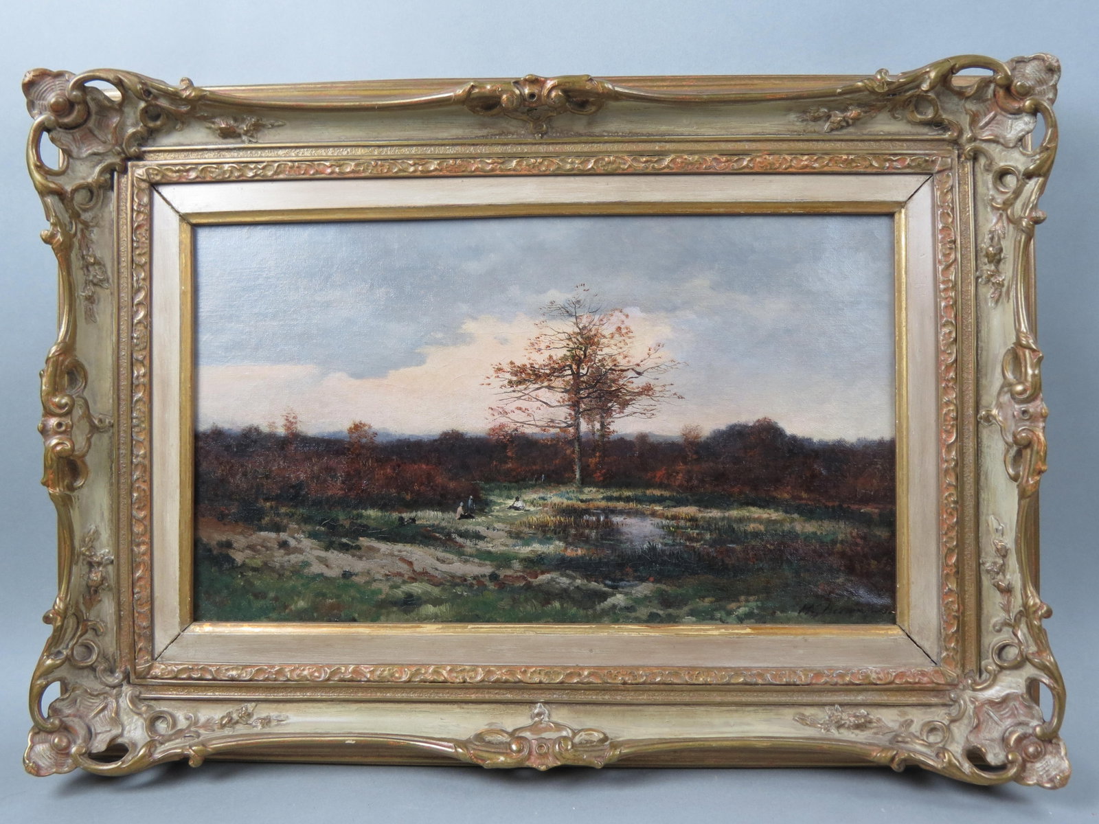 Charles Emile Desmoulins, oil, Marshland: Landscape at Sunset, French Impressionist, on canvas, image area 10 1/2" X 18" plus frame, well listed artist.