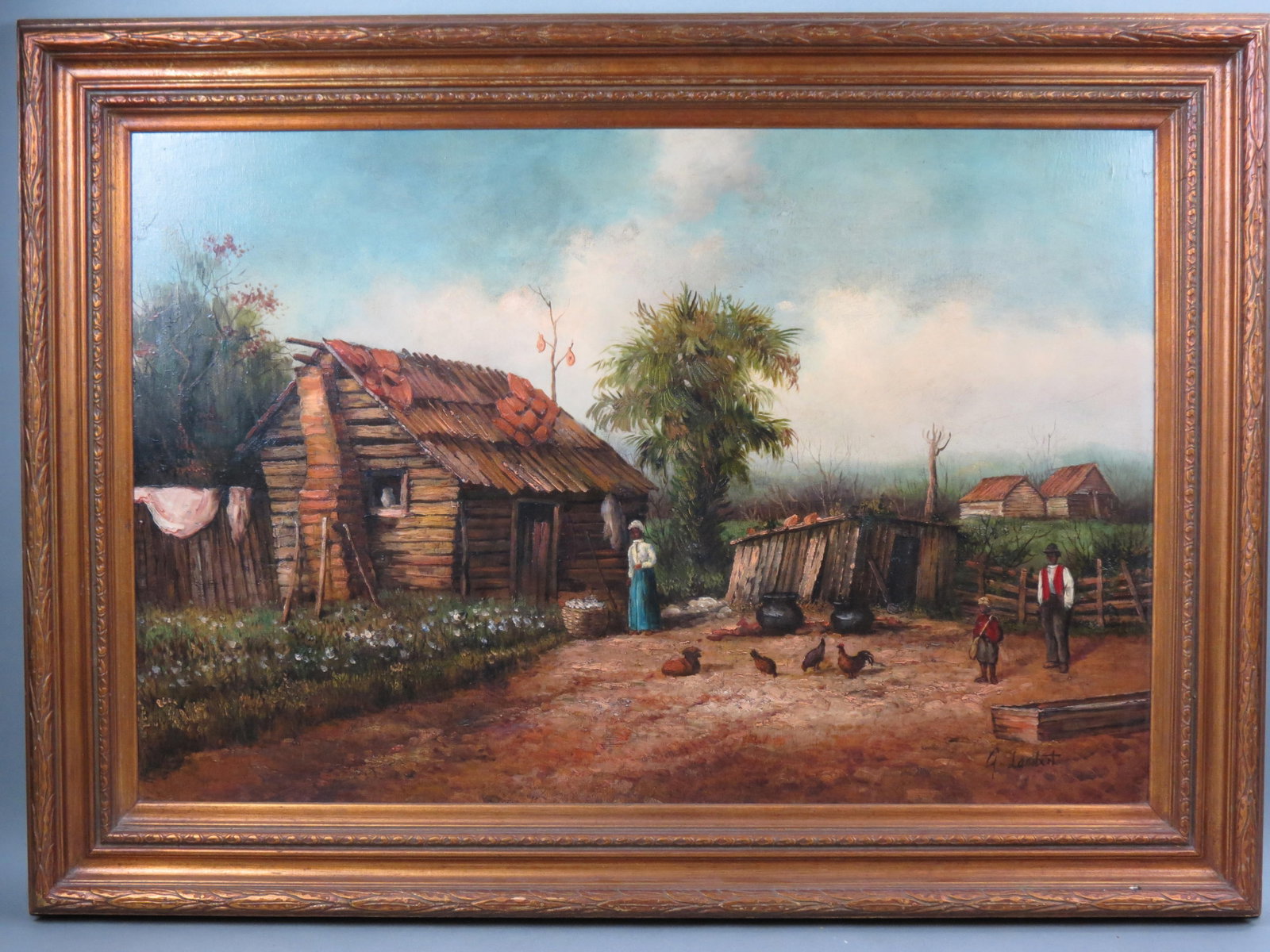 G. Lambert, oil, Southern Homestead,: with figures and chickens in the yard, cotton in basket, in style of William Aiken Walker, on canvas, image area 24" X 36" plus gold frame.