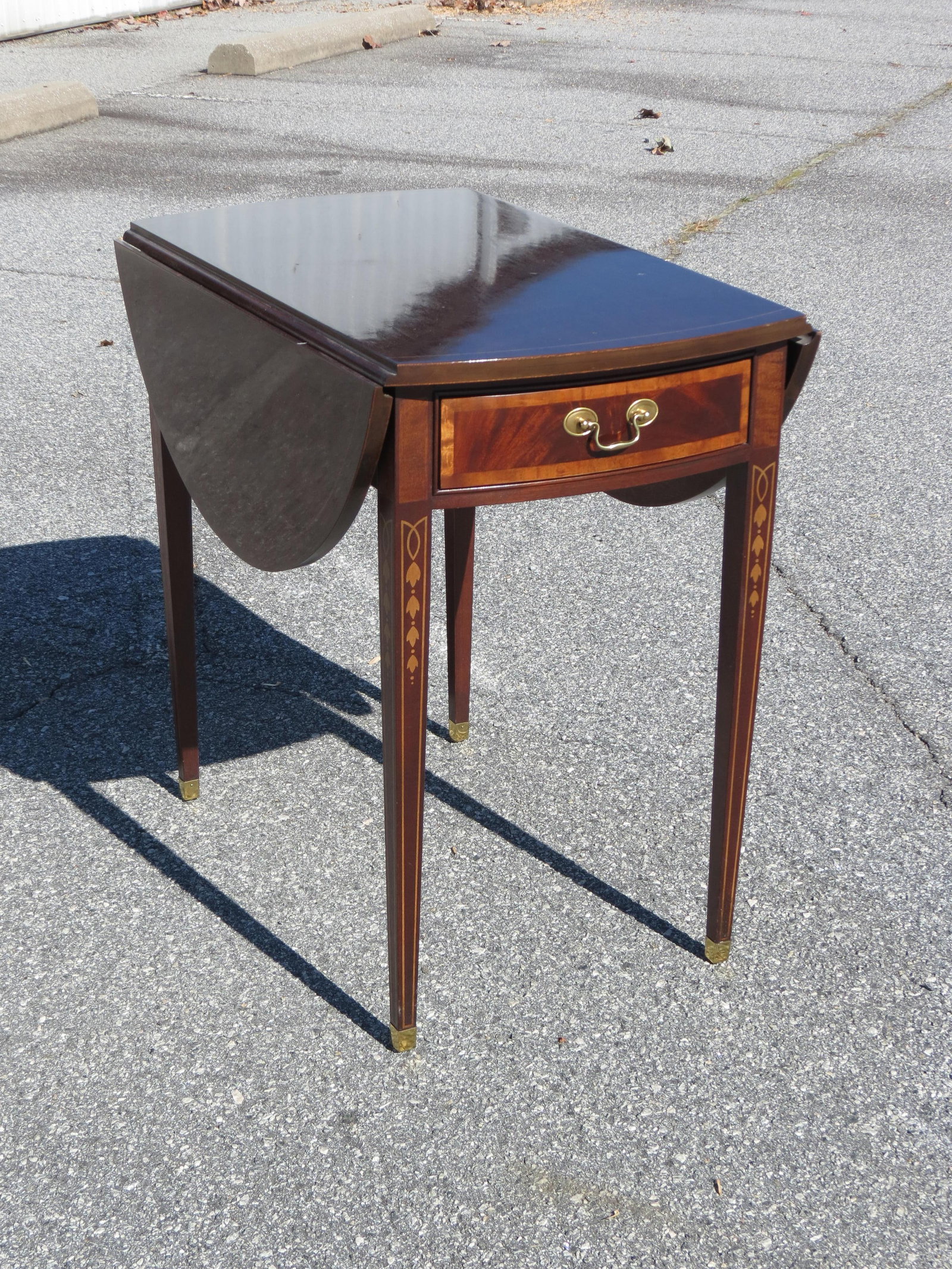 Mahogany Dropleaf Side Table by Heritage,: banded and bellflower inlay, single drawer, 28" tall, 30" X 18" top (closed), 30" X 38" round (open).