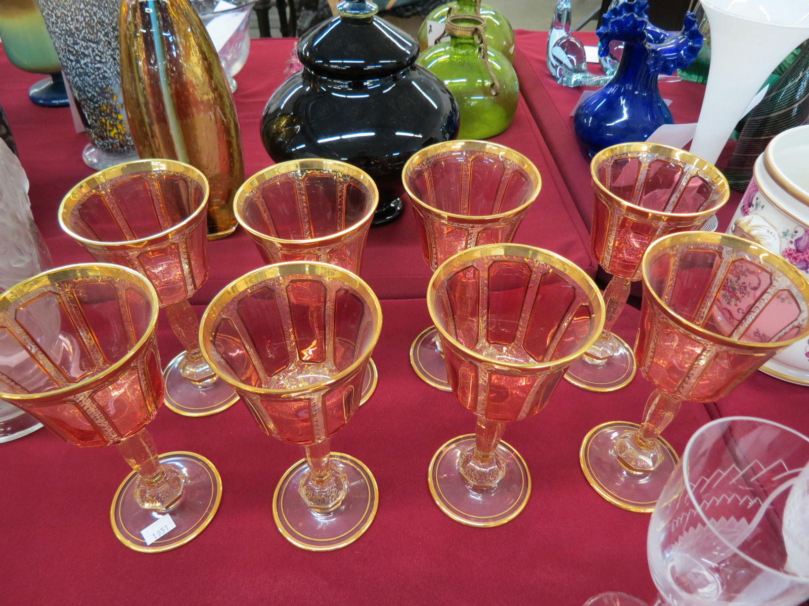 8 Moser Art Glass Goblets,: cranberry panel or cathedral decor with extensive goldwork, 7 3/4", excellent.