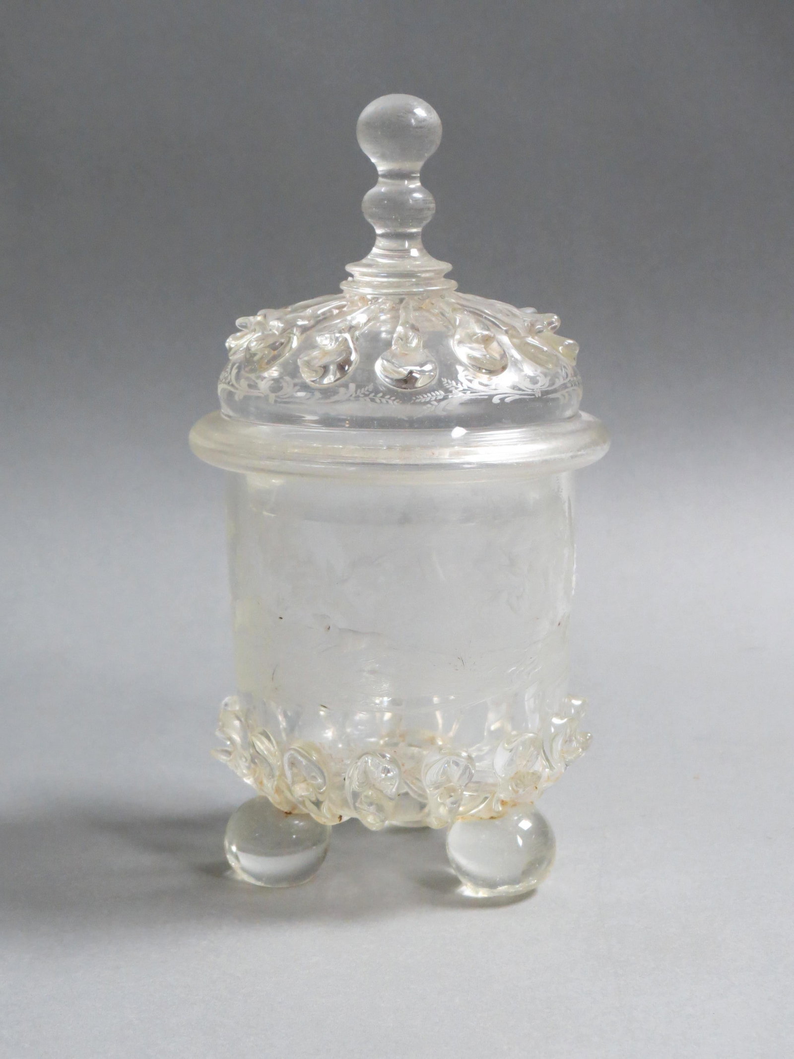 19th Century Bohemian Engraved Covered Jar,: wild game and hound decoration including wild boar and deer, applied prunts and ball feet, 7 1/2".