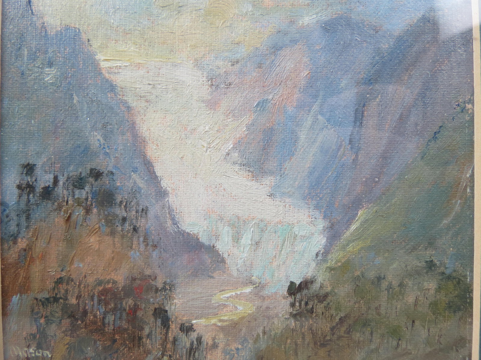 Miniature Oil Painting of Mountainous Landscape: in Winter, signed Mason, image area 4" X 5" plus mat and frame.