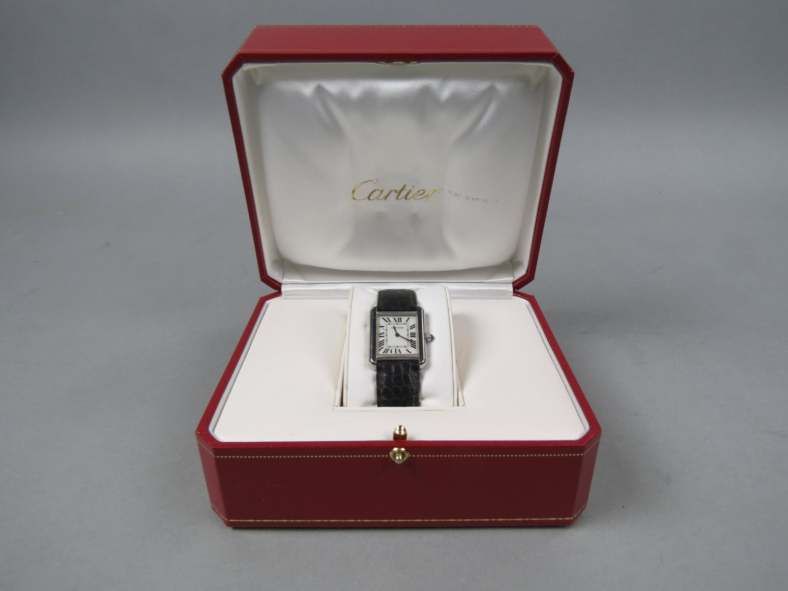 Cartier Tank Stainless Steel Wristwatch,: original black alligator band, with box, #264964 PL, #2716.