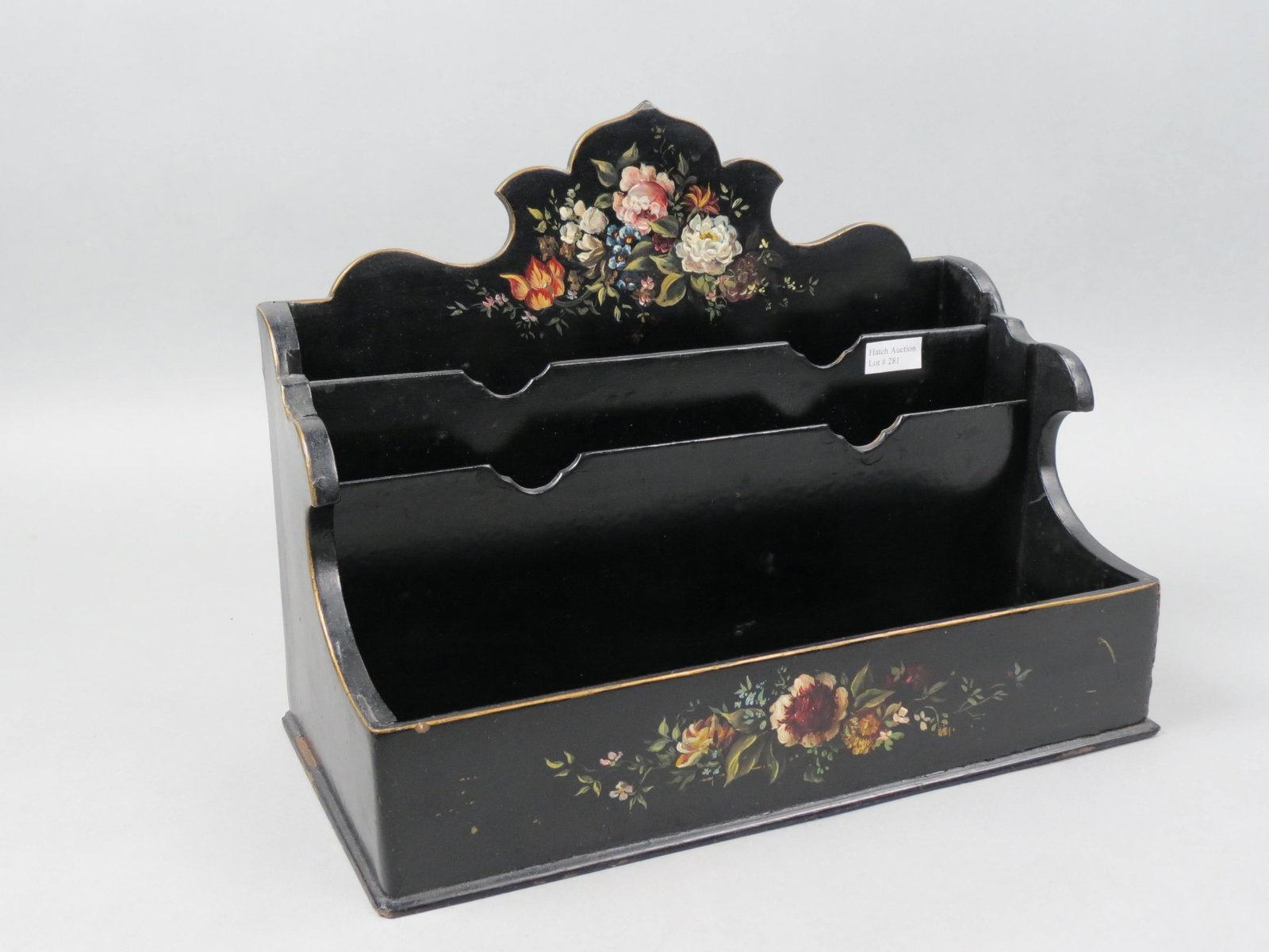 19th Century Wooden Letter Box,: hand painted flowers on black, 10" tall, 13" wide.