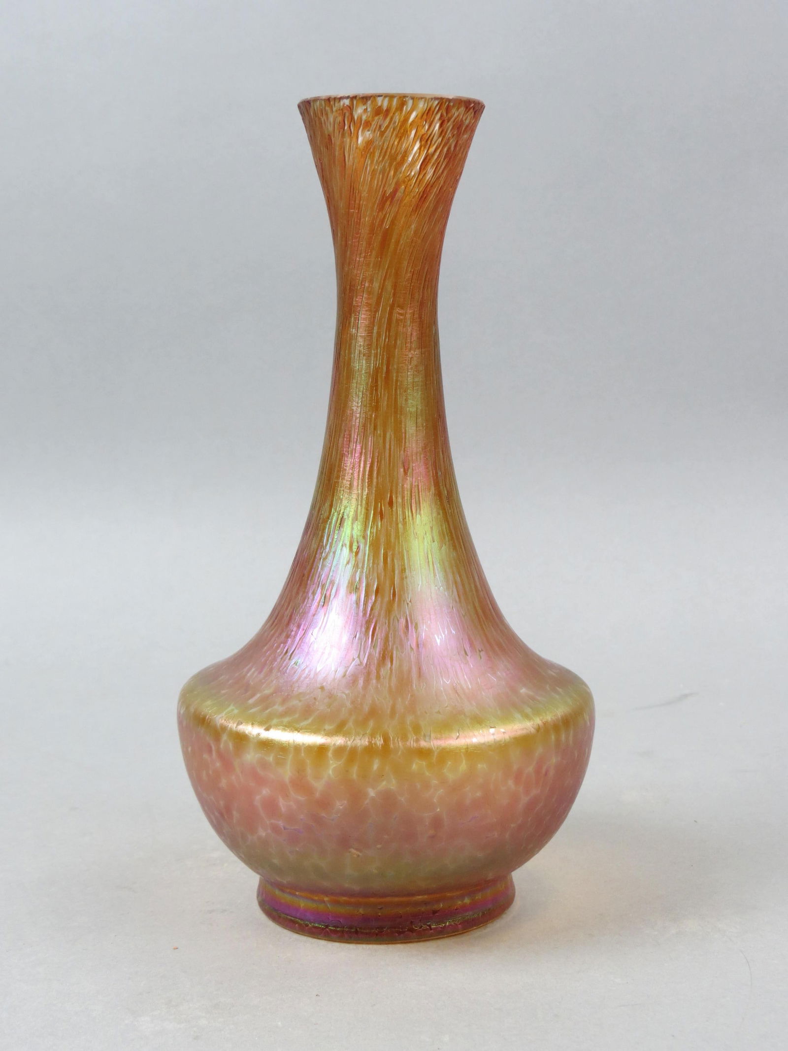 Loetz Art Glass Vase,: golden iridescent oil spot style with swirling design on neck, 9 1/4", unsigned, excellent.