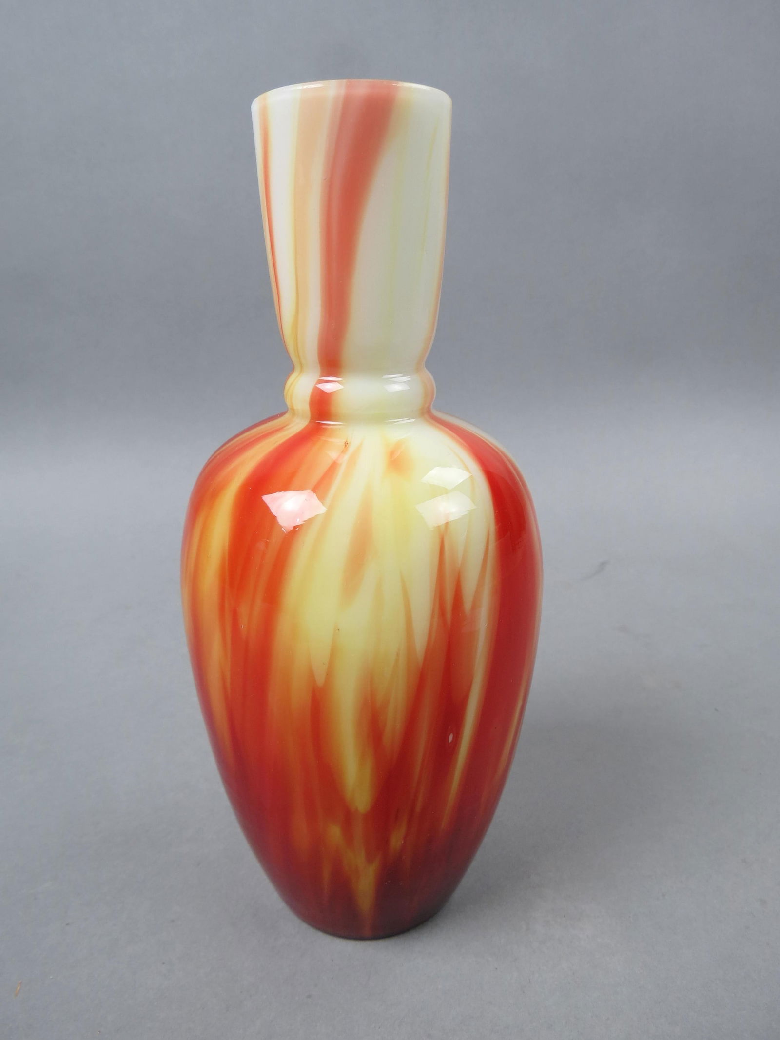 Loetz Art Glass Vase, "Marmoriertes": red, yellow and white marblized design, 8 3/4", unsigned, excellent.