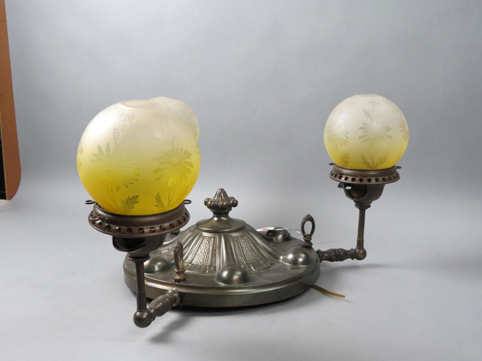 Early Ceiling Light Fixture with Art Glass Shades, (1 of 5)