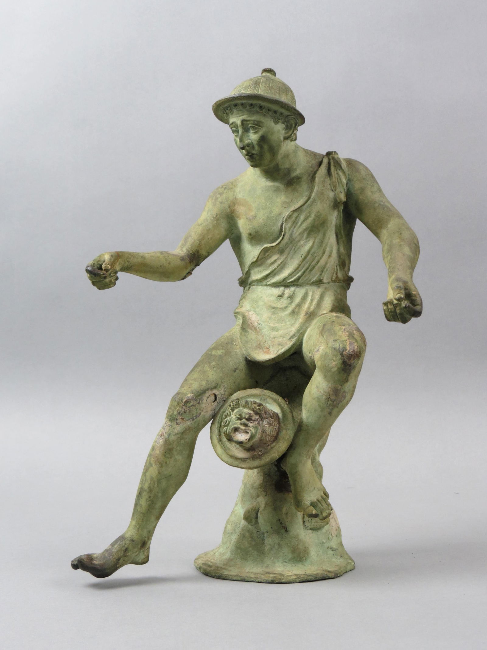 Bronze Statue of Hermes,: green patina, 12 1/2" tall......HERMES was the Olympian god of herds and flocks, travellers and hospitality, roads and trade, thievery and cunning, heralds and diplomacy, language and writing, athleti