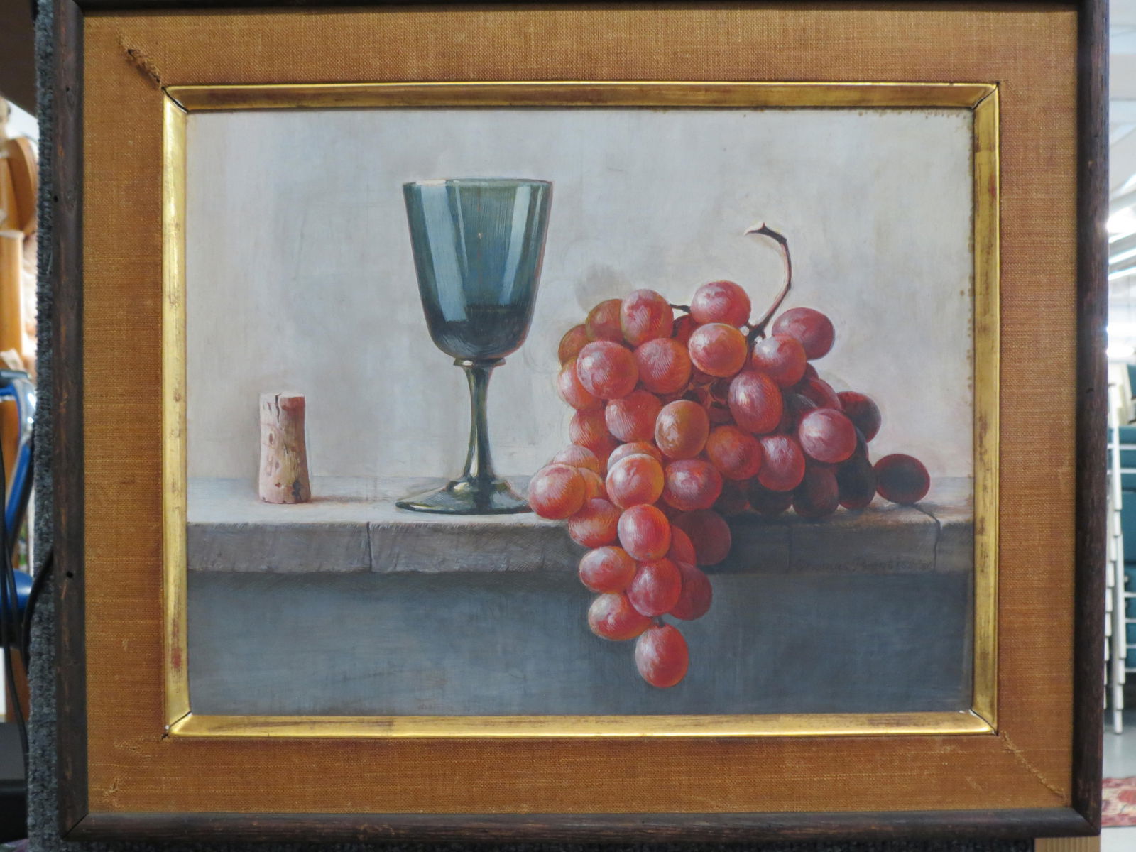 Thomas Prentiss, tempera, Trompe Still Life,: with red grapes, wine glass and cork, on board, image area 10" X 14" plus mat and frame, overall 14 1/2" X 17 1/2", signed and dated 1952, well listed artist.