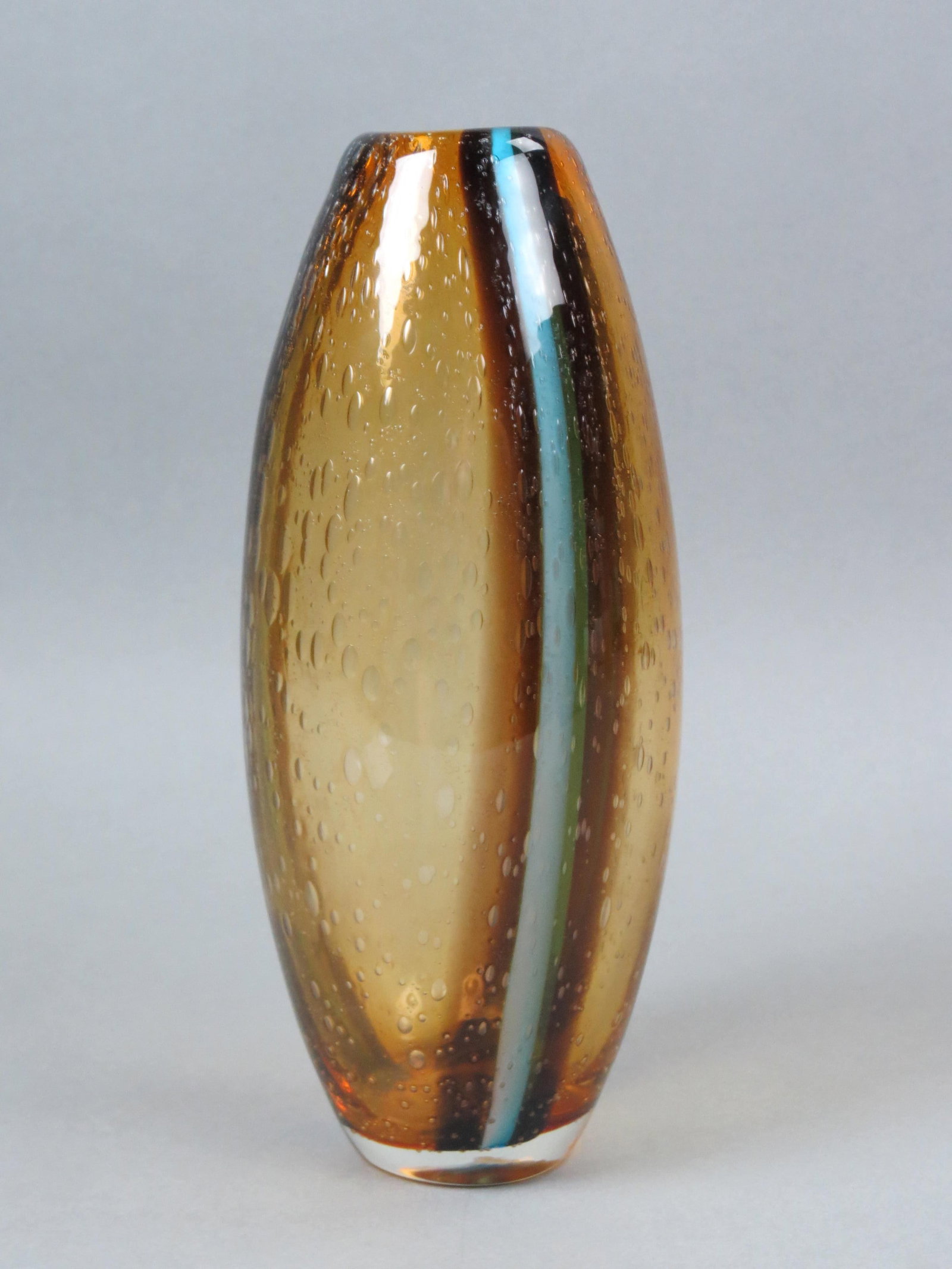 Studio Art Glass Vase,: aquatic style bubble decoration and brown striping rows in golden amber body, 10 1/4".