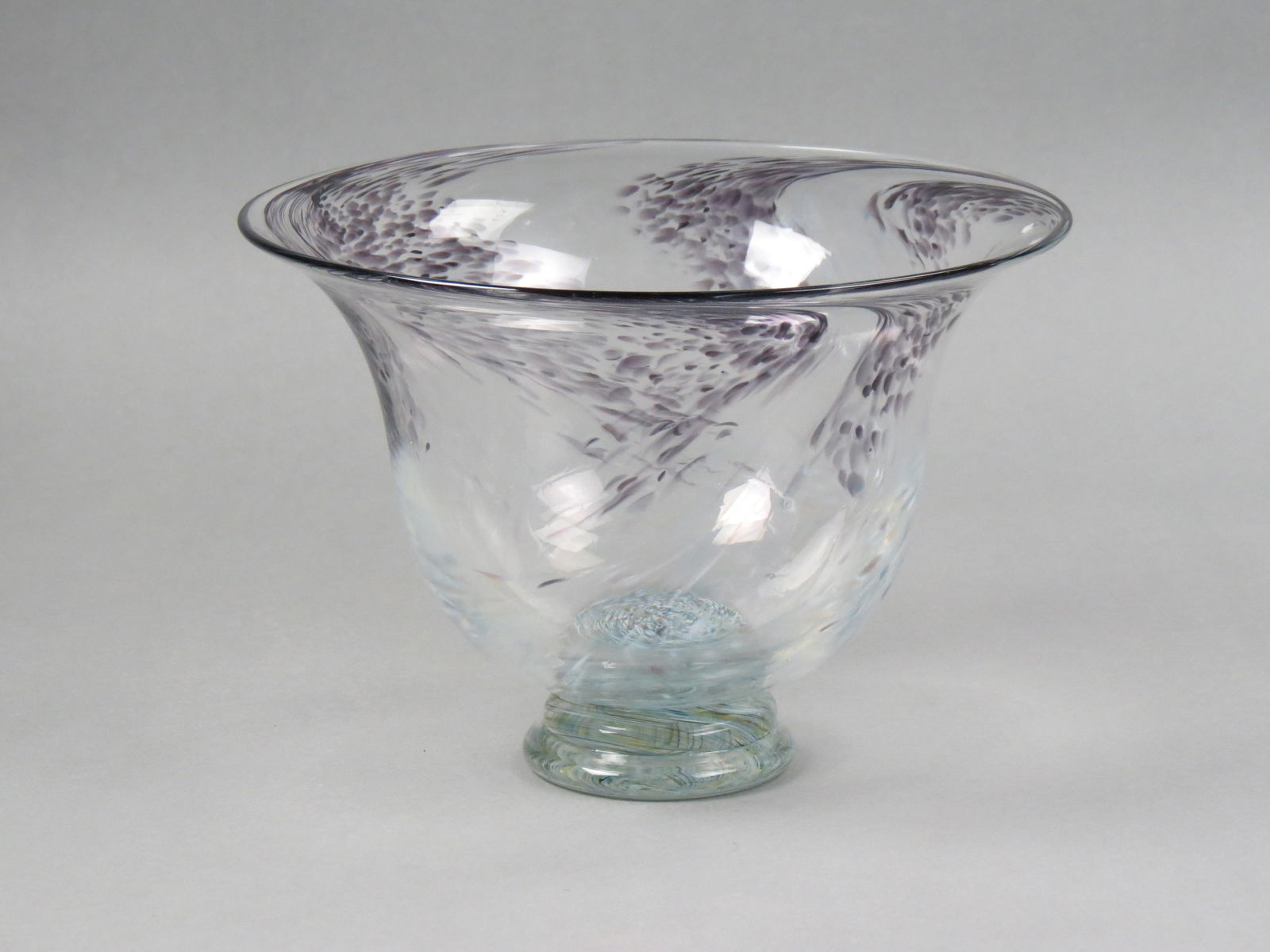 Art Glass Vase,: swirling opalescent and opalescent design on clear, 6 1/4" tall, 9" diameter, excellent.