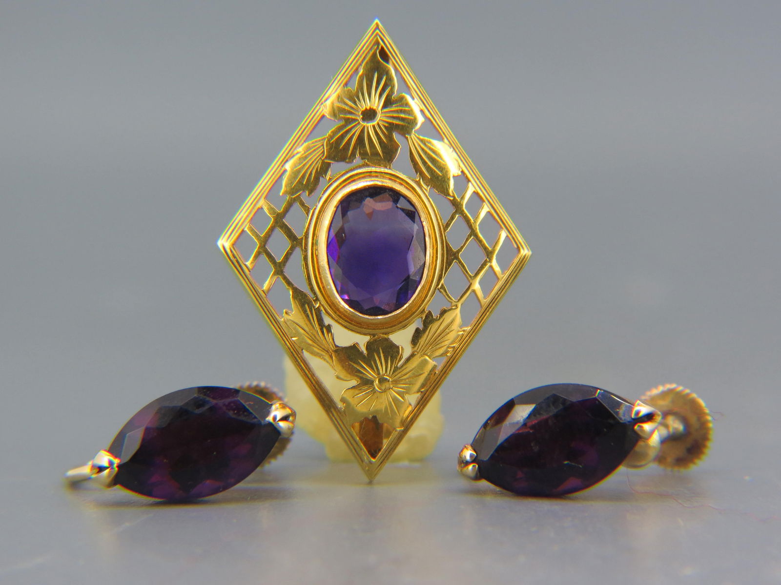Amethyst 14K Gold Earrings & Brooch, (1 of 4)