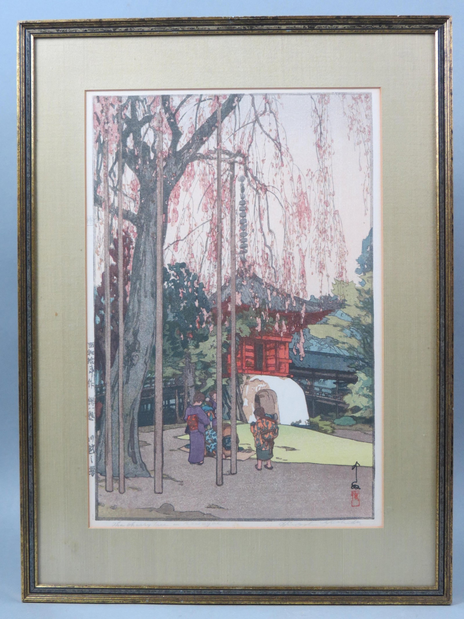 Japanese Woodblock by Hiroshi Yoshida,: The Cherry Tree in Kanagoe, image area 10 1/2"X 15 1/2" plus mat and frame.