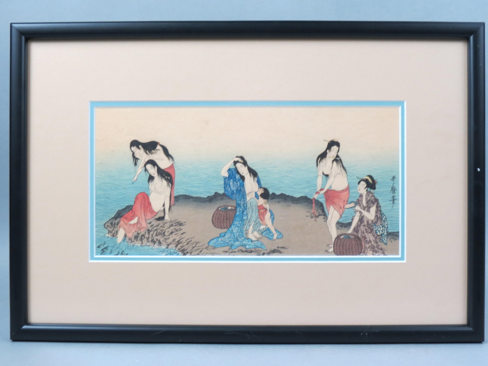 Japanese Woodblock, "Diving for Abalones",: by Kitagawa Utamaru, image area 6" X 13" plus mat and frame.