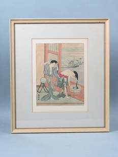 Japanese Woodblock by Suzuki Harunobu,: Two Women washing thier Hair, image area 8 1/4" X 11 1/8" plus mat and frame, well known artist, 1725-1770.